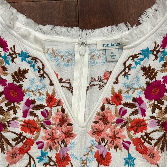 Sundance White Peplum Top with Multicolor Floral Embroidery, Size Medium - Picture 3 of 14